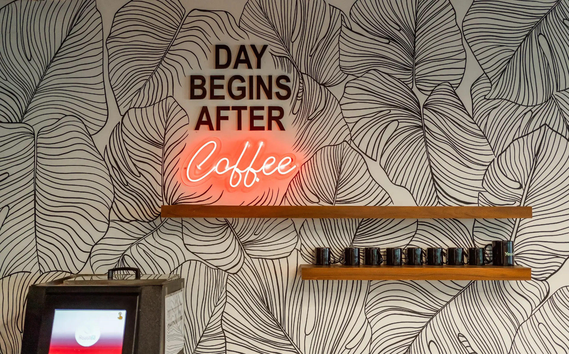 Day Begins After Coffee Neon and Mug Shelf at YesssWorks Goregaon